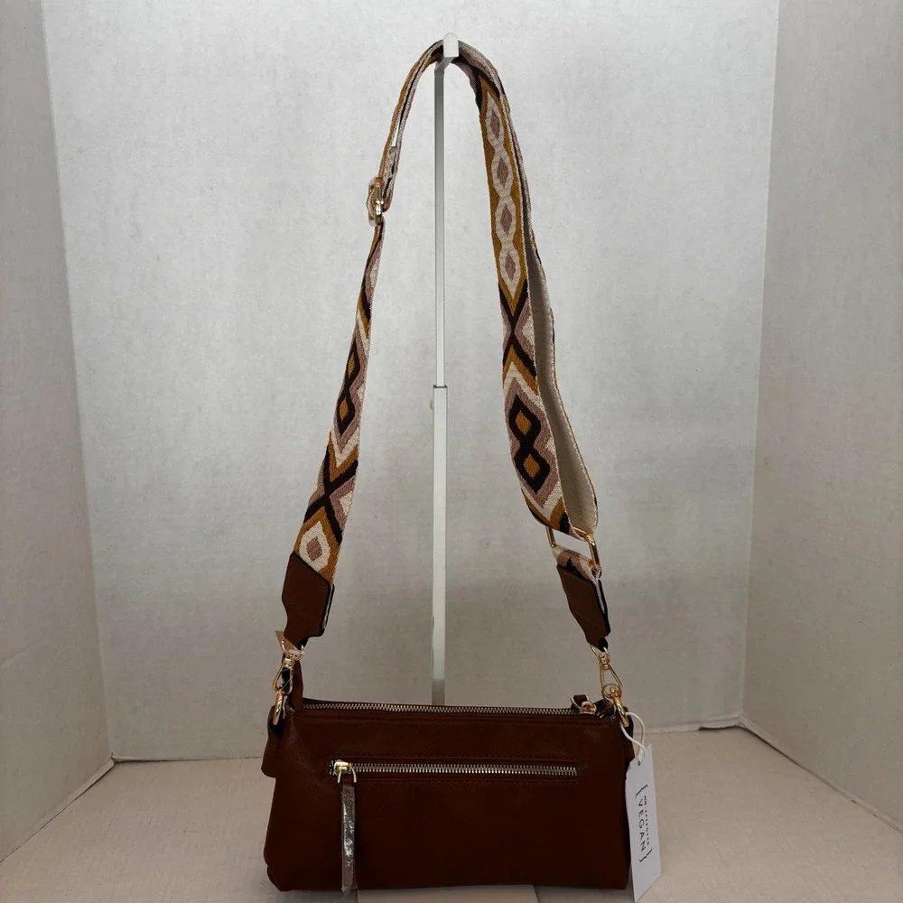 Metro Muse Crossbody Bag‎ Women  Brown Vegan Leather Geometric Guitar Strap NWT